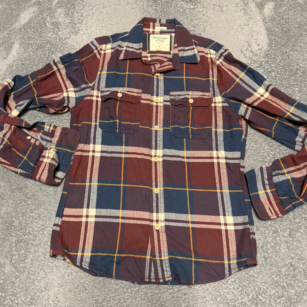 Abercrombie & Fitch Muscle Shirt Mens Large Red Plaid Flannel Long Sleeve Button